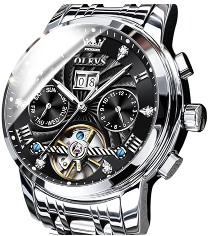OLEVS Men Automatic Watch Skeleton 5 Hands Mechanical Classic Luxury Multi Calendar Stainless Steel Waterproof Wrist Watch for Men