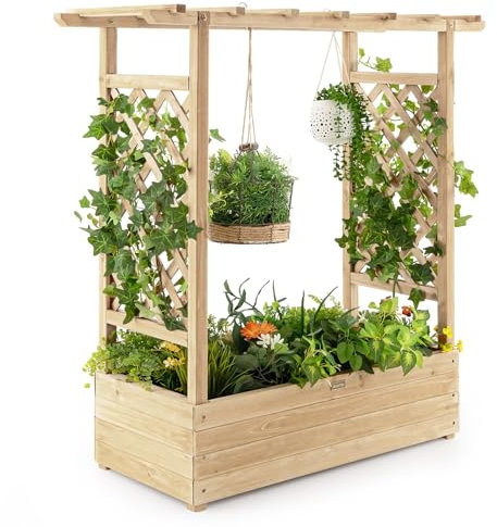 COSTWAY Hochbeet mit Rankgitter & hängendem Dach, Pflanzkasten mit Rankhilfe, Blumenkasten für Kletterpflanzen & hängende Körbe, für Garten Hof Terrasse, Pflanzgefäß aus Holz, Natur
