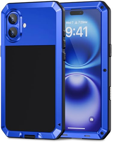 Lanhiem for iPhone 16 Metal Case, Heavy Duty Shockproof Tough Rugged Case with Built-in Glass Screen Protector, 360 Full Body DustProof Protective Cover for iPhone 16 6.1, Blue