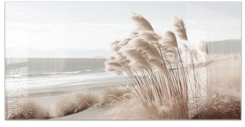 timalo Küchenbild aus Acrylglas modernes Wandbild Glasbild Deko Küche XXL Bild wie Glas | 120x60cm Natur & Strand – Pampasgras, Meer, Sanddünen, Beige Töne, Boho