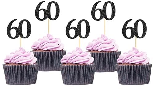 Sotpot 30 Pack Happy 60th Cupcake Toppers 60 Birthday Cake Decorations for 60th Birthday Wedding Anniversary Party Supplies Black Glitter