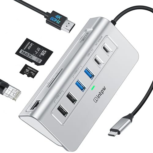 Intpw P9R Pro USB C Hub, 10 en 1 USB C Docking Station con 1 Gbps Ethernet, 4K @ 60Hz HDMI, 10Gbps 2 Type-A/C 3.2, 2 Type-A 2.0, PD 100W, SD/TF, Aluminio USB HUB para iPhone16/15 Series/MacBook