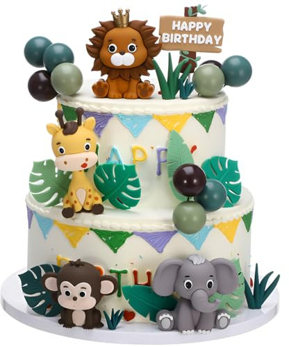 40Pcs Safari Animal Cake Toppers, Realistic Jungle Animals Cake Toppers with Leaves Grass Balls Cakes Decorations for Animals Themed Birthday Baby Shower Party Decorations