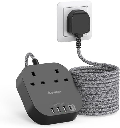 5M Extension Lead with USB Slots, Power Strips with 2 Way Outlets 4 USB (4.5A, 1 Type C and 3 USB A Ports) Surge Protection Plug Extension Socket with Braided Extension cord for Home/Office