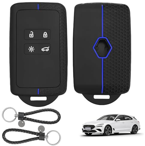 2 Pack Autoschlüssel Hülle für Renault, Clio Megane Koleos Kadjar Kangoo Twingo Talisman Captur Espace Dacia Duster Schlüsselhülle Silikon Autoschlüsselhalter TPU 4 Tasten mit Schlüsselanhänger Blau