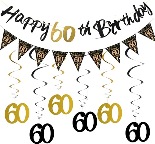 60 Geburtstag Deko Set mit Happy Birthday Banner und Girlande Spiralen, Edle Geburtstagsdeko Schwarz Gold Party Deko 60 Geburtstag Mann Frau für Männer Frauen 60. Geburtstagsfeie