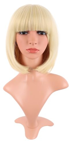 MapofBeauty 12 Inch Fashion Short Straight Flat Bangs Bob Wig, Mixed Blonde | 30 cm Wig, Synthetic, Lady, Natural
