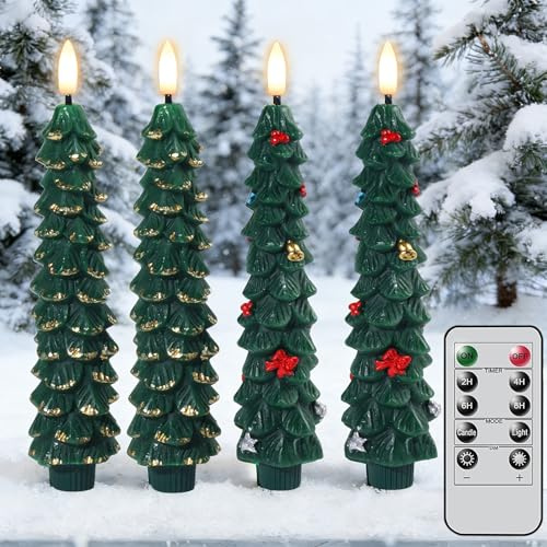 Christmas Tree LED Candles,4 Pcs Flameless Taper Candle Flickering with Remote Control Timer,Battery Operated Candles for Home Decor Christmas Decoration,Home,Wedding,Party[Energy Class A+++]