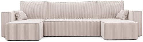 IDOHOME 312x145 Cord Wohnlandschaft U Form mit Schlaffunktion (268x125) und Bettkasten - Sofa U Form mit Schlaffunktion - Cord Couch Beige