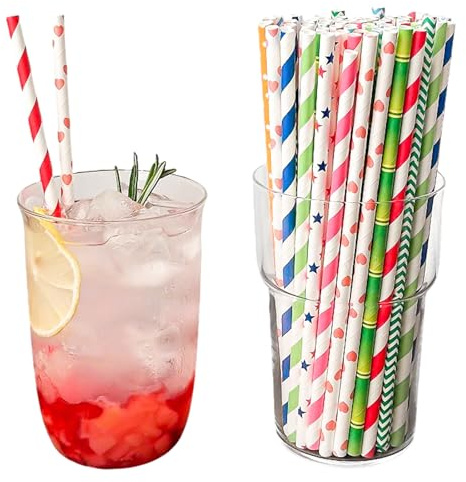 Dreamil 100 Stück Papierstrohhalme, 19,7cm Bunt Gestreifte Papiertrinkhalme, Biologisch Abbaubare Papier Trinkhalme, für Cocktails, Kaffee, Getränke und verschiedene Anlässe（Bunt）