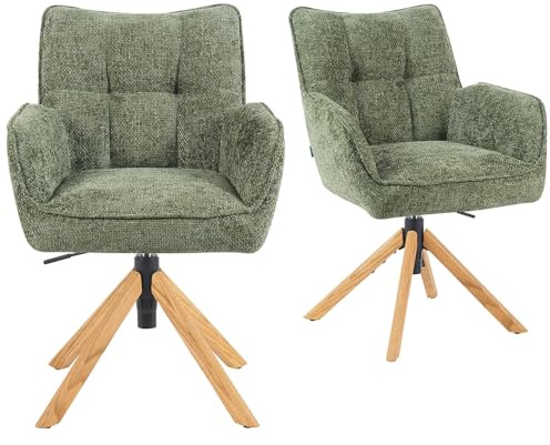DUBI Möbel 2er Set Esszimmerstühle höhenverstellbar, Bürostühle & Konferenzstühle, 360° drehbar mit Taschenfederkern, ergonomisch gepolstert, Eichegestell, Stoff Grün, Modell Mika-Keno