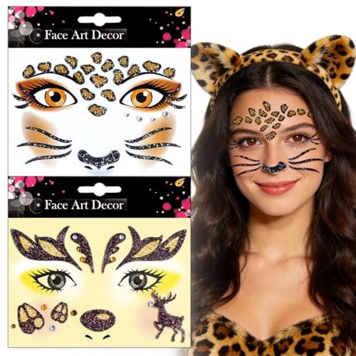 Face Art Sticker Tiere, Leopard Sticker Gesicht, Reh Aufkleber Gesicht Karneval,Gesichtstattoo Glitzer, Leopard Rentier Kostüm Accessoires Karneval, Tiere schminke