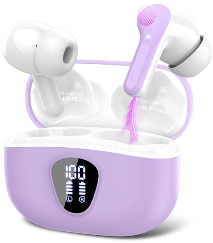 Wireless Earbuds, Bluetooth 5.4 Headphones HiFi Stereo, Bluetooth Earbuds with 4 ENC Noise Cancelling Mic, 48H Playtime Ear buds with Fast Charging LED Display, IP7 Waterproof In Ear Earphones Purple