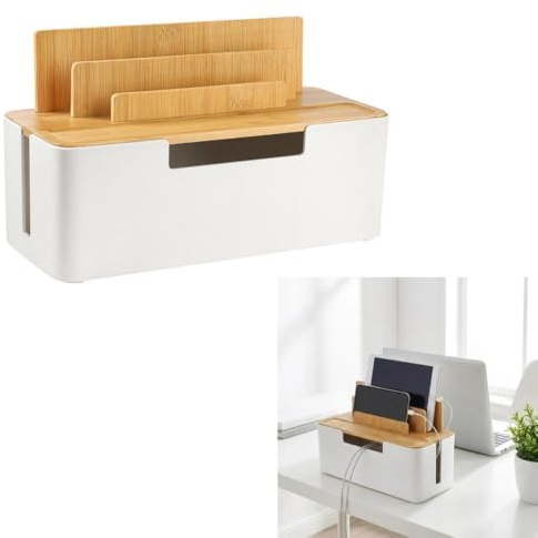 Kabel Organizer Box Groß (30x13x16cm) Kabelbox Weiß, Kabelsortierer mit Holzdeckel für Steckdosenleisten, Cable Management Box Versteckte Kabel,Mit Bambusdeckel