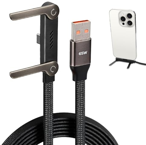 Swiftctrl Cable de carga 2 en 1 de 65 W USB-A a Tipo-C con soporte lateral invisible, cable de carga rápida con soporte para teléfono integrado, cable trenzado de 1,5 m para smartphones y tablets