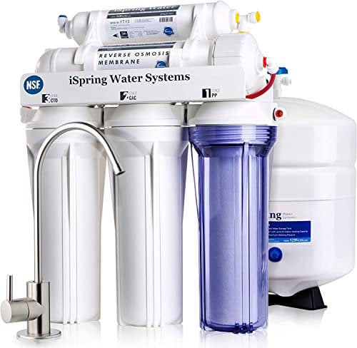 iSpring RCC7 5-stufiges Umkehrosmose-Trinkwassersystem, NSF-zertifiziert, hohe Kapazität unter der Spüle mit gebürstetem Nickel Wasserhahn, 75 GPD