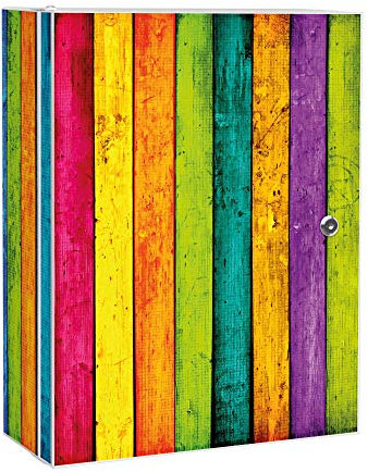 banjado Medizinschrank abschliessbar mit Motiv Bunte Holzlatten 35x46x15cm - großer Arzneischrank für die Hausaphotheke - Medikamentenschrank aus Metall zur Medikamenten Aufbewahrung