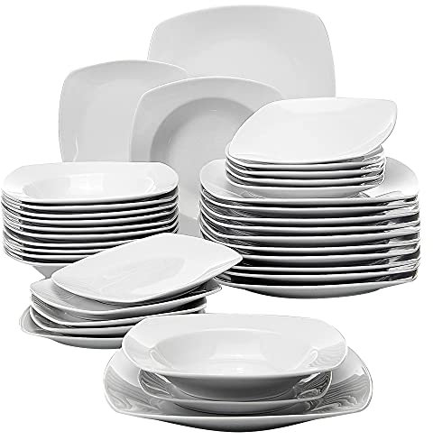 MALACASA, Serie JULIA, Juego de Vajilla Completa de 36 Piezas de Porcelana para 12 Personas, 12 Platos Hondos, 12 Platos de Postre, 12 Platos Llanos, Blanco