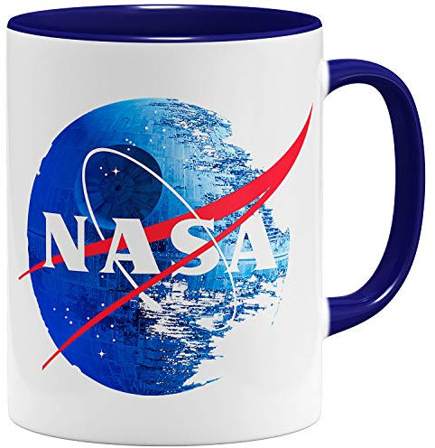 OM3® Empire Death Star Kaffee-Tasse NASA Style Logo | Keramik Becher | 11oz 325ml | Beidseitig Bedruckt | Dunkelblau