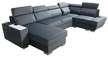 Robin Cezar Ecksofa Schlaffunktion Bettkasten Verstellbare Kopfstützen Sofa L-Form Schlafsofa Freistehende Eckcouch Schlafcouch Wohnzimmermöbel inkl. Laptoptisch Steckdose Rechts Grau