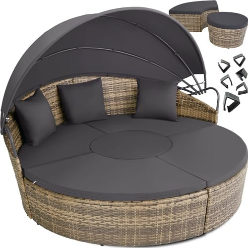 tectake® Bain de soleil Salon de jardin exterieur Modulable en Résine tressée avec Pare Soleil Pliable, Coussins Inclus, Chaise longue Relax Mobilier de Jardin pour Amenagement Balcon Terrasse Veranda
