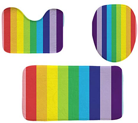 Bath Mats for Bathroom Sets ,3 Piece White Black / Rainbow Colors Striped Memory Foam Non-Slip Mats with Vertical Strips Anti Mould Washable Bathroom Mat ,U-Shaped Pedestal Rugs,Toilet Lid Cover (A2)