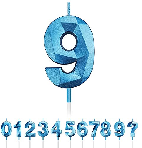 Geburtstag Nummer Kerzen, 3D Diamant Form Kuchen Kerzen Zahl 0 1 2 3 4 5 6 7 8 9 Glitzer Kuchen Topper Dekoration für Hochzeit Geburtstag Jubiläum Feier Abschluss (Blau, 9)