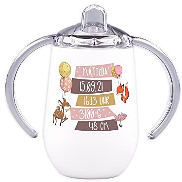 GRAZDesign Trinklernbecher Edelstahl mit Namen und Geburtsdaten, mit Griff für Kleinkinder Baby Mädchen, Reh Fuchs Luftballons, Learner Cup, Geschenk zur Geburt