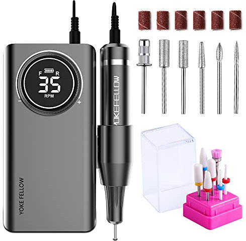 Yokefellow Professional 35000 RPM Nail Drill for Acrylic Nails with 6 bits Rechargeable Portable Manicure Pedicure Nail Drill Machine as a Power Bank Black&Grey&Sliver (Grey+NB07)