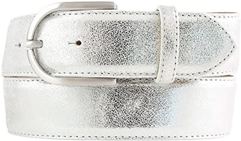 BELTINGER Damen-Gürtel mit Metall-Optik Echt Leder 4 cm | Leder-Gürtel Metallic-Look 40mm glänzend | Metall-Ledergürtel mit runder Gürtelschnalle | Silber 110cm