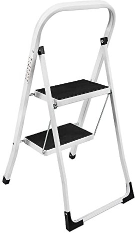 2 Stufen, Ausziehbarer Indoor-Klapphocker, Sicherheits-Anti-Rutsch-Trittleiter mit Handgriff, Leicht, Weiß, Stahl, Trittleiter, Zusammenklappbar, für Haushalt und Büro