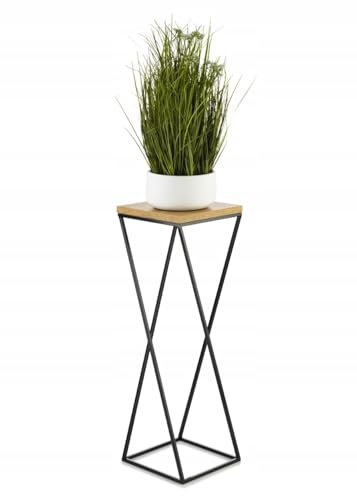 HowHomely Pflanzenständer Metall 70 cm Hoch - Stabiler und Fester Blumenhocker mit Eiche Optik MDF-Platte auf Schwarz Ständer - Blumenständer im Loft Stil zur Dekoration Innenräumen