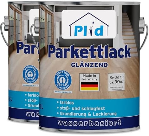 PLID® Parkett Klarlack - glänzend geeignet zum Versiegeln von Kork-, Parkett & Holzfußböden, Holztreppen sowie Möbeln im Innenbereich stoß - schlagfest strapazierfähig - Made in Germany 5l