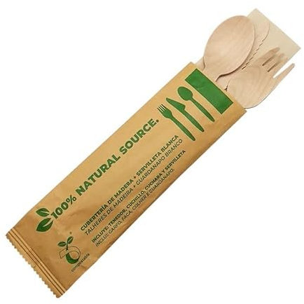Jofisa Set de Cubiertos Desechables de Madera con Servilleta – Tenedor, Cuchillo y Cuchara Envueltos Individualmente, 100% Biodegradables, Compostables y Sin Plástico para Eventos y Catering (50u.)