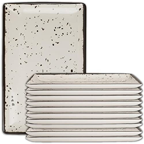 Creations Melamine Dinner Tray Plates, Steelite Heavy Duty Unbreakable Commercial Foodservice Restaurant Grade, Urban Snow 12 by 7.5 Rectangle, Black Rim, Rustic Flecked, Indoor Outdoor, 12 Set, White