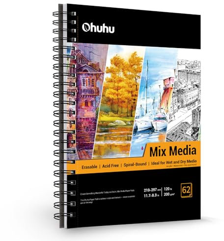 Carnet de croquis A4 pour artiste: Ohuhu 124 pages/62 feuilles Carnet de croquis à spirales – 297 x 210 mm Bloc à dessin 200gsm Papier épais sans acide pour croquis acrylique aquarelle