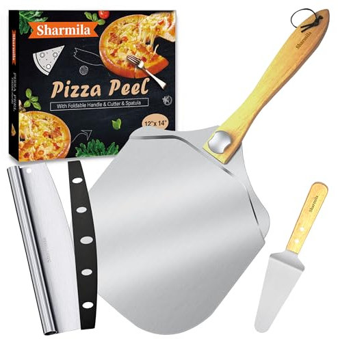 Sharmila Pizza Peel 12 Inch Aluminum Pizza Paddle with Foldable Wooden Handle,Pizza Rocker Cutter,and Metal Pizza Spatula-Ideal for Family Pizza Oven Baking,Dough,Bread & Pastry