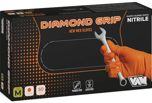 Generico GUANTI MONOUSO IN NITRILE DIAMOND GRIP 8gr ARANCIO NO TALCO BOX 50PZ L-XL MED (L)