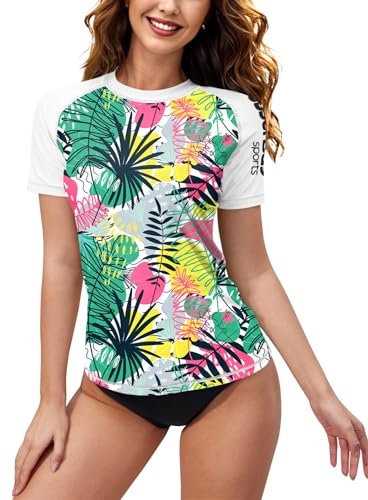 BesserBay Mädchen Kurz äRmel Rash Guard Wasser Mit Blumen Bedruck Rash Guard Sonnenschutz UPF 50+ C3 M