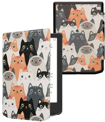 kwmobile Custodia eReader Compatibile con Pocketbook Verse/Pro/Color/Vivlio Light Cover - eBook Reader Flip Case - arancione/nero/bianco - Gatti