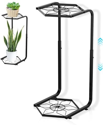 Support Plantes Interieur, Porte Plante Interieur Extérieur à 2 Étages Ajustable, Support Plante en Métal, Support pour Plantes D'intérieur Polygonal pour Le Jardin, Le Patio, La Salle de Séjour, Noir