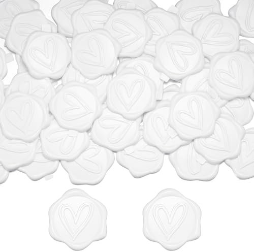 Filhome 50 Stück Wachssiegel Selbstklebend Herz Umschlagaufkleber Dekoration Sticker für Hochzeit, Einladungen, Geschenke, Briefe (Weiß)
