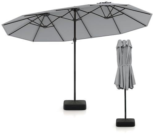 COSTWAY 4.5m Double-Sided Parasol, Outdoor Extra Large Sun Umbrella with Base, 12 Metal Ribs, 2 Stand Bags and Crank Handle, Portable Market Sunshade Shelter Canopy (Gray)