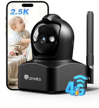 Ctronics 4G Cámara Vigilancia Interior con Tarjeta SIM, QHD 4MP 2.5K 360° PTZ IP Cámara, PC y App, 8 Posiciones, Detección Humana, Seguimiento Auto, Visión Nocturna en Color, Audio Bidireccional