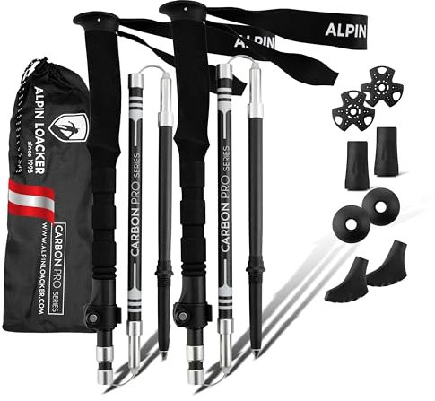 ALPIN LOACKER Wanderstöcke faltbar Carbon oder Aluminium mit Korkgriff I Nordic Walking Stöcke Damen & Herren I Leichte Faltbare Trekkingstöcke Teleskop für Bergsport, Eva Carbon kurz