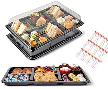 Caterline 5 Large (450mm x 310mm) 6 Cavity Party Platters with 6 x 130mm Square Cavities, Clear Lids and Allergy Labels. Reusable and eco-Friendly. Afternoon Teas & Diwali