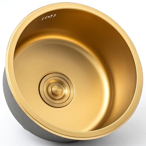 JUNFUNNLE 40CM Goldene Rund Edelstahl Küchenspüle 1 Becken, Unterbau/Aufliegend mit Überlauf & Siphon Einbauspüle für RV, Wohnmobil, Kleinküche, Ablaufgarnitur Inkl
