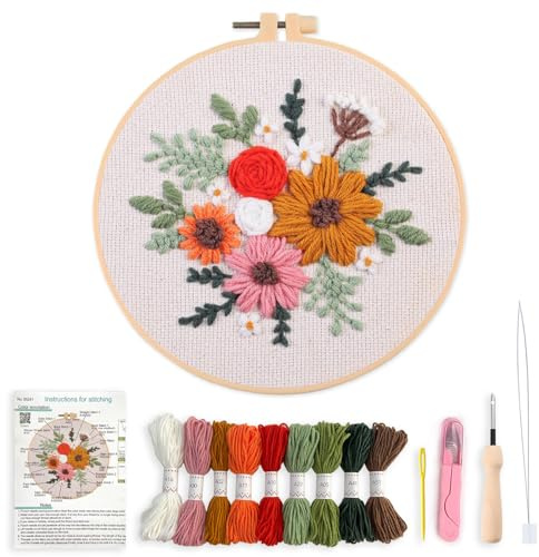 Creative Stab Punch Needle Kit, Sunflowers, Daisy & Flower Patterns , Beginner-Friendly ,Complete Set with Fabric, Needle, Yarn & Instructions , Perfect for Adult Handicraft Enthusiasts (flower)