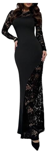 GORGLITTER Women's Lace Sheer Fishtail Long Dresses Crewneck Long Sleeve Bodycon Maxi Cocktail Dress Black Small