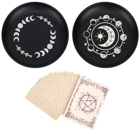 PLIGREAT 2 Stück Phase Mond Stern Altar Ritual Platte 14cm Schwarzes Dekoratives Tablett Kleiner Ring Schmuck Display Schale Kerzenkristallhalter Für Altar Ritual Opfergebet